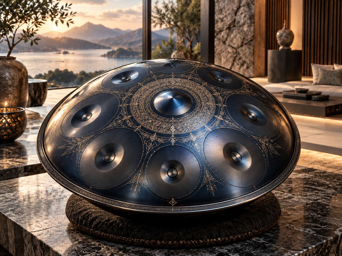 Dark blue handpan with delicate engraved patterns in a luxury interior, illustrating advanced handpans