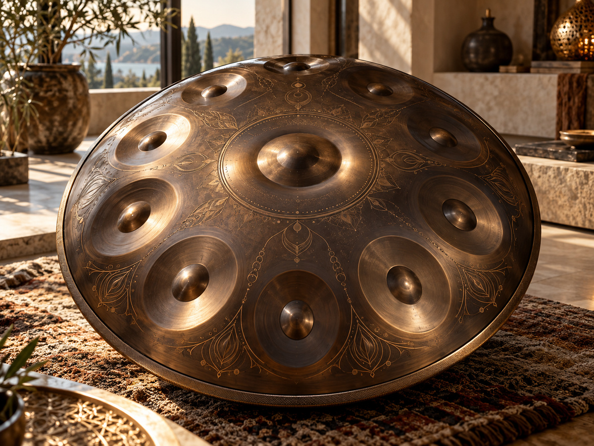 Bronze handpan with engraved motifs in a sunlit interior, illustrating a 10-note handpan buying guide