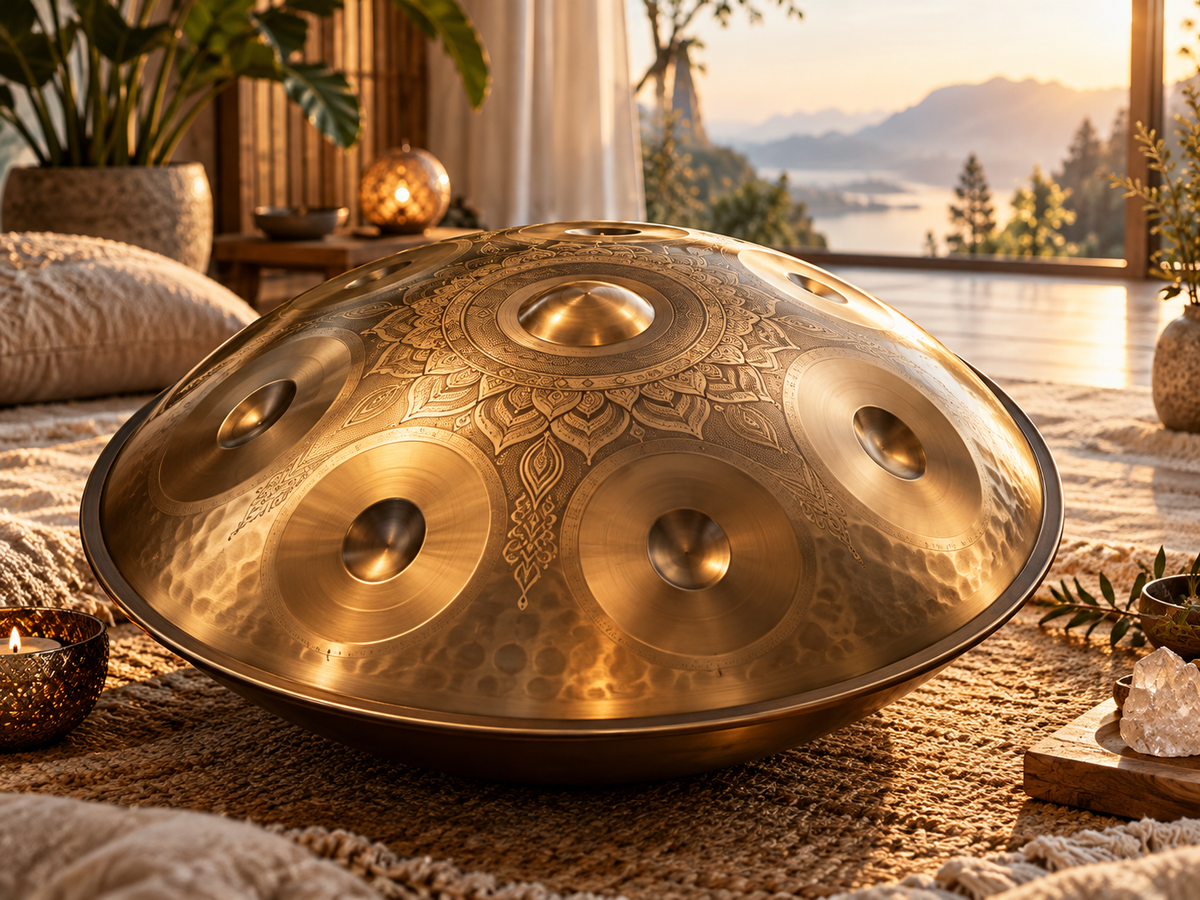 Golden engraved handpan in a warm meditation room, illustrating a 432 Hz handpan buying guide