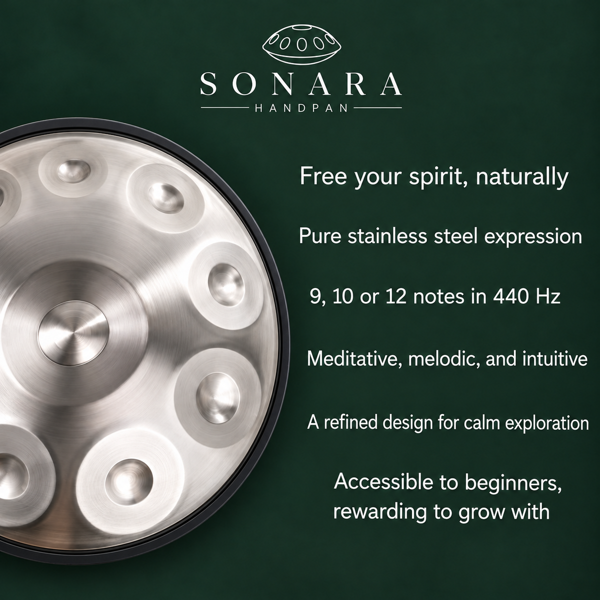 The Nerava Handpan – D Kurd | Stainless Steel | 9, 10 & 12 Notes | 440Hz