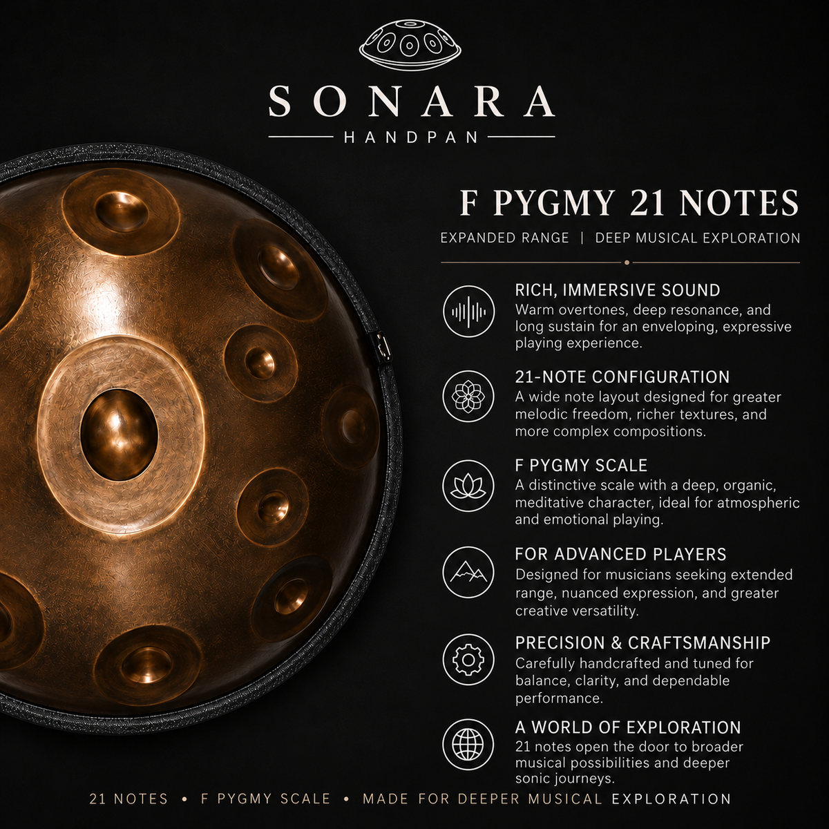 The Helios 21 Handpan – F Pygmy | 21 Notes